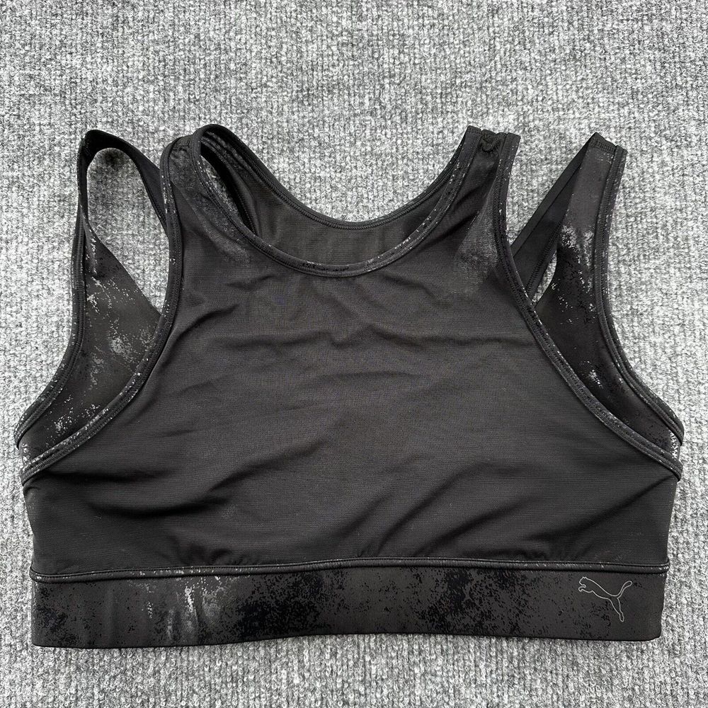 Puma Sports Bra‎ Sz Large Mid Impact Fashion Luxe Ellavate Black Mesh Athleisure